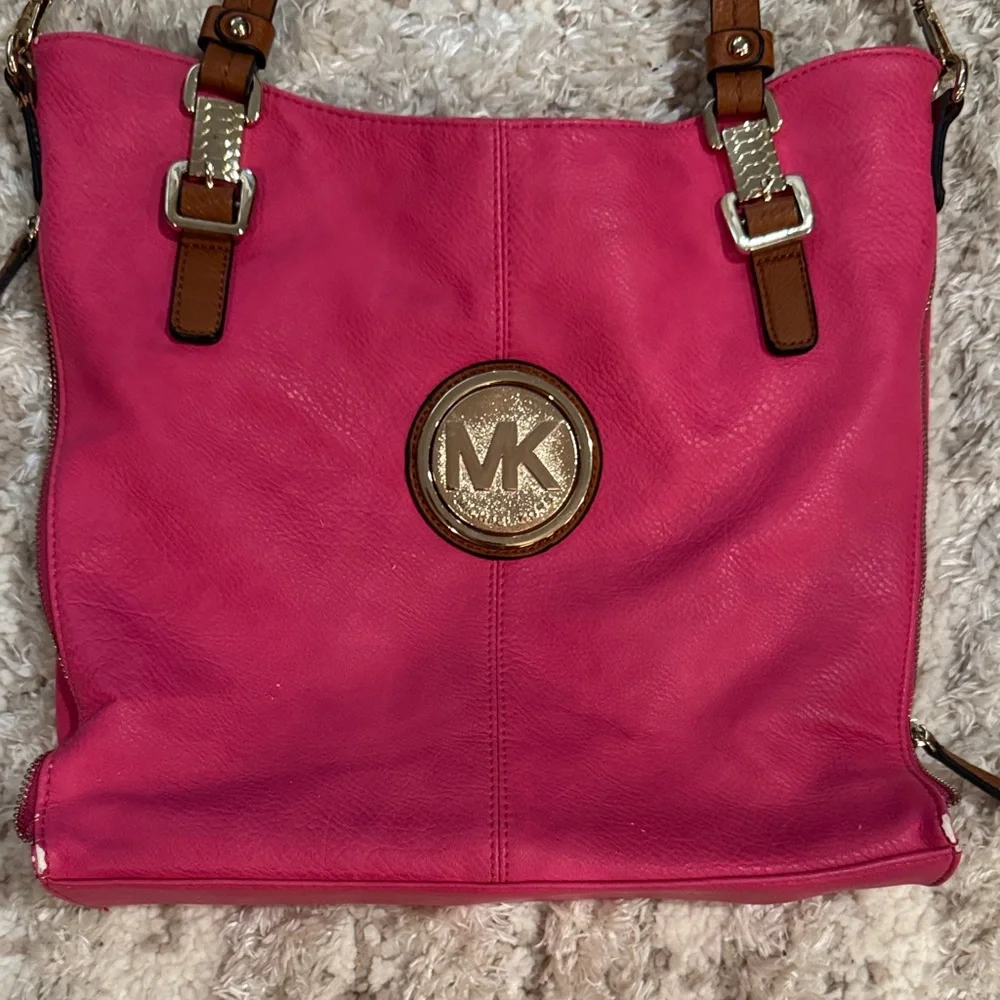Michael Kors Hot Pink Leather Tote with Brown Straps